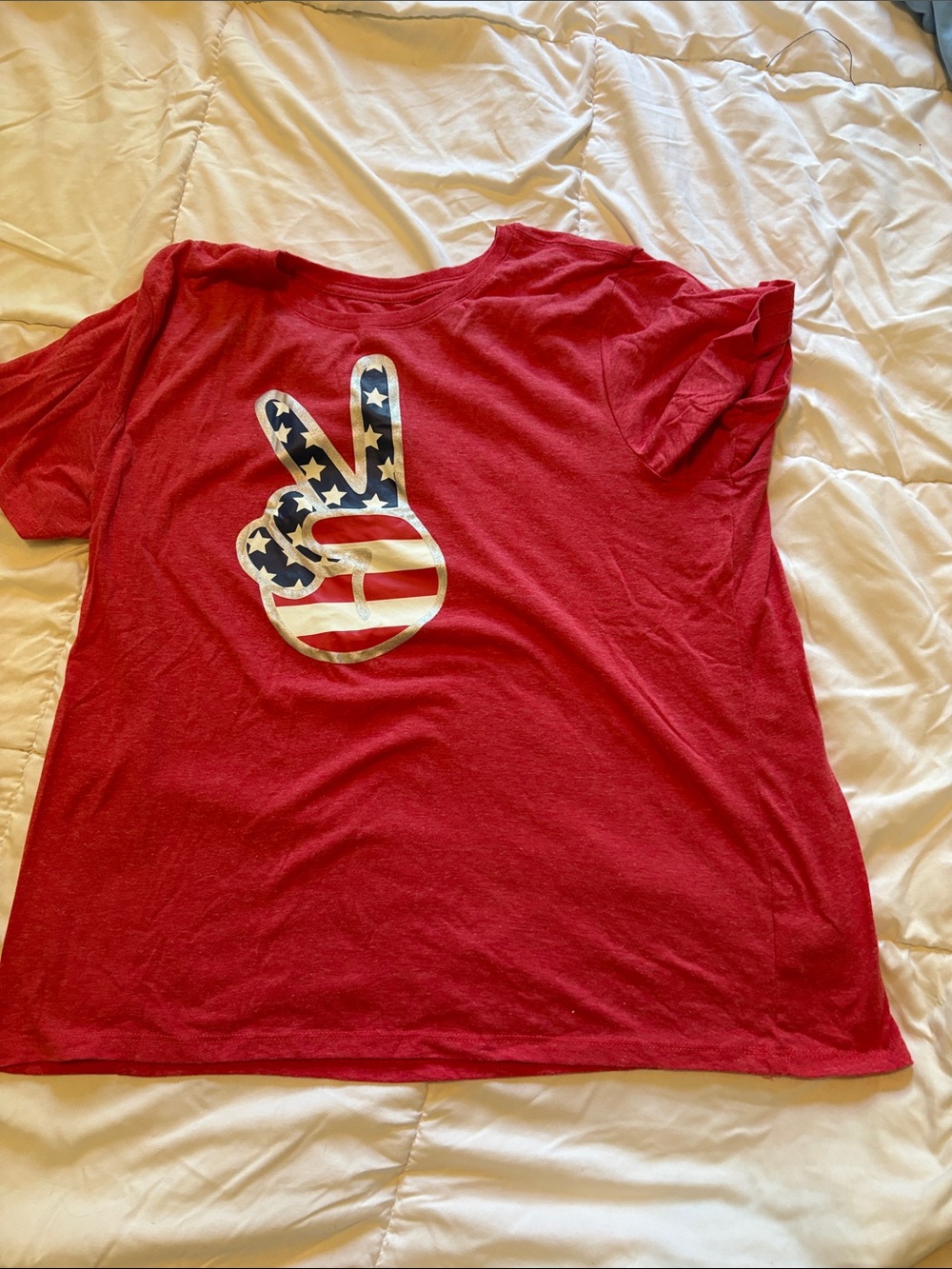 Red women’s Short Sleeve Tee with American Flag Peace Sign